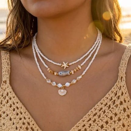 Beach Style Colorful Ceramic Fish Starfish Choker Necklace For Women Ocean Series Scallops Beaded Necklaces Vacation Jewelry