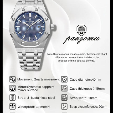 PAAZOMU Luxury Square Men's Quartz Watch Waterproof Luminous Date Men's Watch High Quality Stainless Steel Business Men's Watches