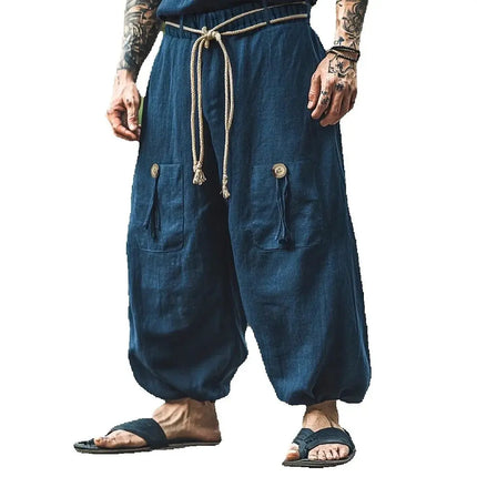 Ethnic Vestidos Casual Cotton And Linen Wide Leg Pants Men's Solid Color Comfortable And Trendy Pleated Pants Men's Streetwear