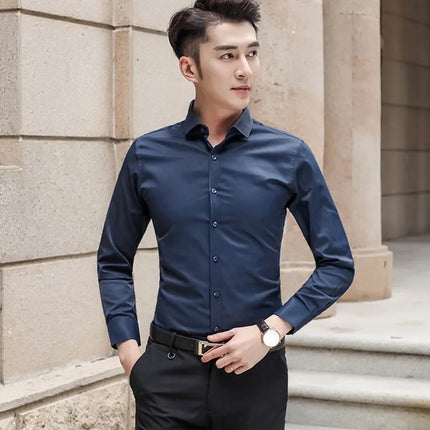 Slim Fit Long Sleeve Silk Men's Shirt Hong Kong Style Workwear Iron-Free Professional Shirt Youth Fashion Spring