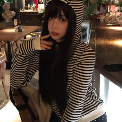 Vintage Sexy Stripe Loose Harajuku Devil's Cape Hooded Hoodies Women Diamond Hoody Y2k Aesthetic Grunge Zipper Sweatshirt Tops
