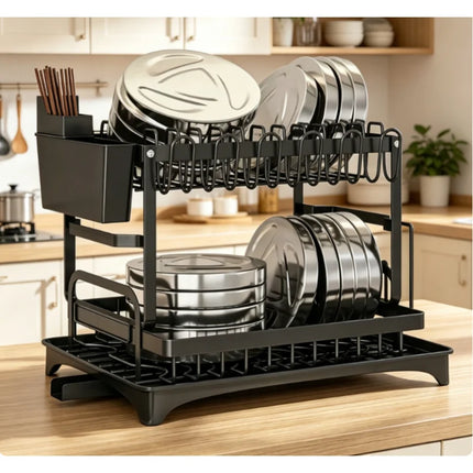 Premium Large-capacity 2-Tier Metal Dish Rack Drying Storage Shelf with Drain Tray for Kitchen