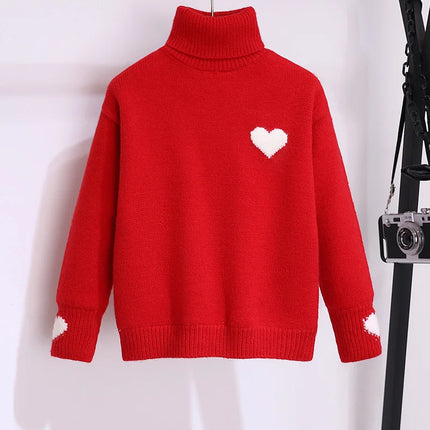 Girls' High Neck Velvet Winter Collection Children's Love Knitted Top Girls' Winter Thick Base Knitted Sweater