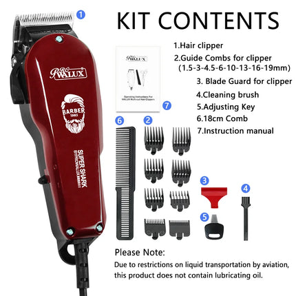 WALUX Professional AC Hair Clipper, 10W Strong Power 2M Cord with 8 Adjustable Guide Combs for Men Home Barber Haircuts