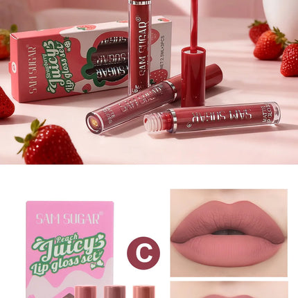 Fruit Cherry Strawberry Liquid Lipstick Makeup Kit Non Stick Cup Colorfast Long Lasting Velvet Matte Peach Lip Gloss Set 3pc/set