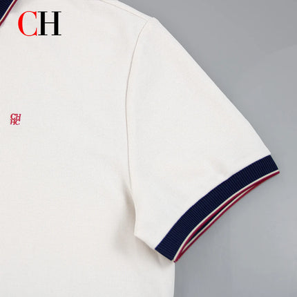 CH Men Multi Stripe Placket Short Sleeve Polo Shirt Tiny Red Embroidery Left Chest Old Money Quiet Luxury Coastal Vacation Wear