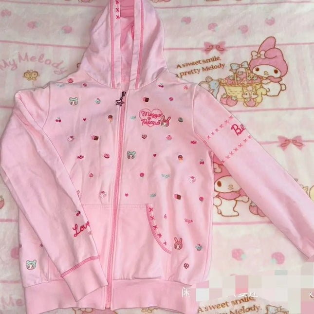 Japanese Cartoon Mp Embroidery Cute Daughter Clothing Jojifuku All Match Pink Long Sleeves Zip Up Hoodie Sweet Girl Y2k Top