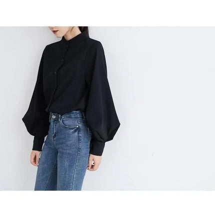 Spring Fashion Women Solid Stand Collar Casual Elegant Fashion Women's Top Clothing Blouse Shirt Lantern Long Sleeve Women's Shirts