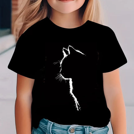 Kawaii Cat Design Printed T-Shirts Manga Kids Children's T-shirt Round Neck Boys Girls Summer Spring Casual Top Tee