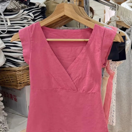 New Rose Red Slim Crop Top Woman Sexy V-neck Short Sleeve Cotton Cropped T-shirt Solid Casual Simple Sweet All-match Tee Tops