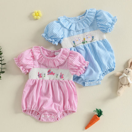 Citgeett Summer Infant Baby Girl Sweet Plaid Bodysuit Short Puff Sleeve Collar Bunny Embroidery Jumpsuit Clothes