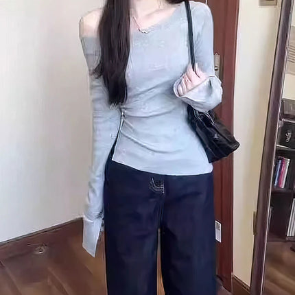 Off-shoulder Long Sleeve T-shirt Women One Shoulder Fitted Basic Plain Tee Shirt Lady Split Casual Top Spring Autumn Winter