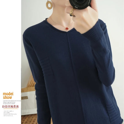 2023 Autumn/Winter Women's New Pullover Casual Solid 100% Cotton Knitted V-Neck Loose Sweater Fashion Soft Breathable Top