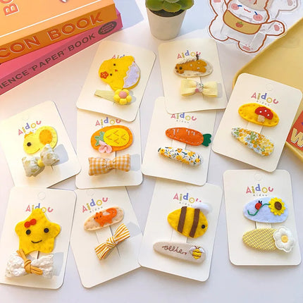 2 Pcs Korean Cartoon Animal Hair Clip Sweet Fabric BB Clip Bow Hair Clip Broken Hair Edge Clip Yellow Tie Girls Hair Accessories