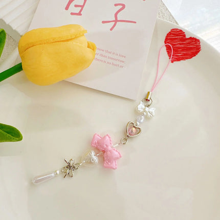 Pink Princess Bow Heart Phone Charm Bowknot Imitation Pearl love Star Beaded Lanyard Chain Keyring for Phone Backpack Wallet