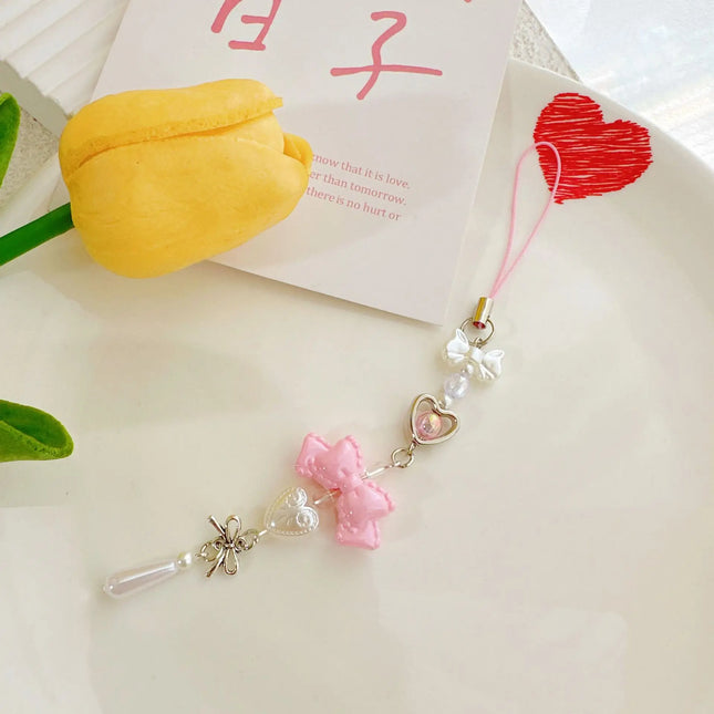 Pink Princess Bow Heart Phone Charm Bowknot Imitation Pearl love Star Beaded Lanyard Chain Keyring for Phone Backpack Wallet