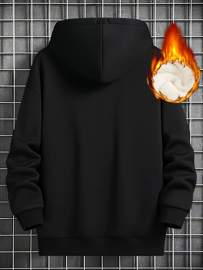 Solid color casual men's fleece warm hooded sweatshirt with drawstring and kangaroo pocket, winter outdoor men's hooded sweatshi