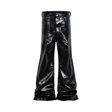 High Street Wide Leg Glossy Pu Leather Pants Sashes Boot Cut Men and Wome Straight Baggy Casual Jeans Oversized Flared Trousers