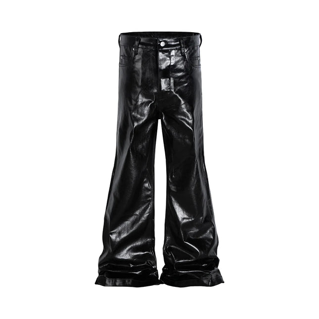 High Street Wide Leg Glossy Pu Leather Pants Sashes Boot Cut Men and Wome Straight Baggy Casual Jeans Oversized Flared Trousers