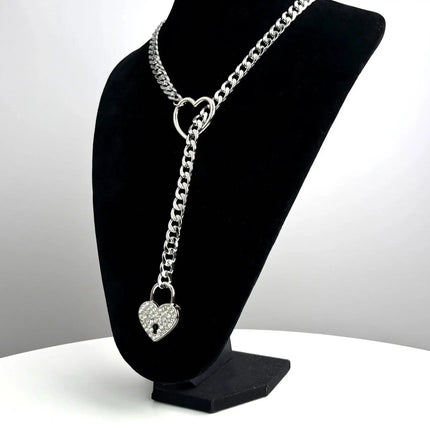 Womens Heart Slip Chain Necklace for Women with Rainstone Lock and Key Cuban Link Chunky Punk Rock Stainless Steel Choker