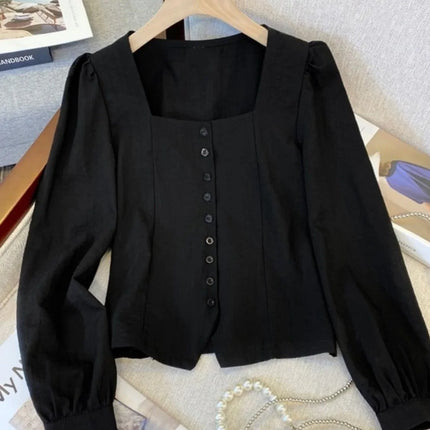 Elegant Long Sleeve Shirt Large Size Women's Early Autumn plus Size French Chic Square Collar Slimming Belly Covering Top
