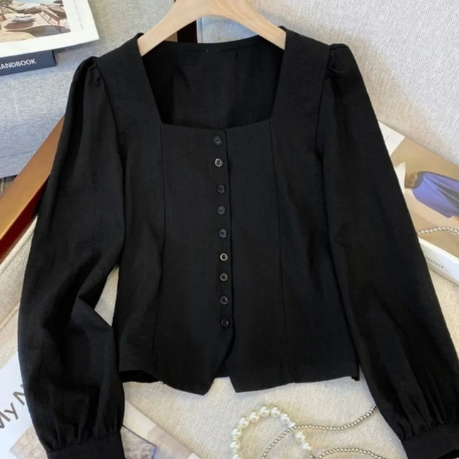 Elegant Long Sleeve Shirt Large Size Women's Early Autumn plus Size French Chic Square Collar Slimming Belly Covering Top