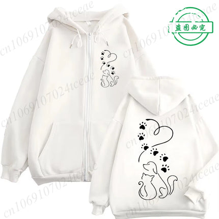 Dog and Cat Love Heart Graphic Fashion Zip Up Hoodies Women Autumn Long Sleeve Harajuku Y2K Clothes Female Sweatshirt Jackets