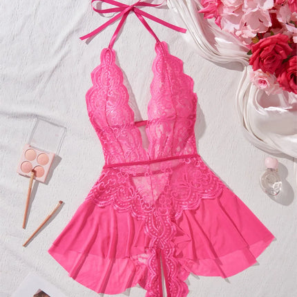 Women Plus Size Purple Lace Halter Neck Bodysuit With Peplum Skirt