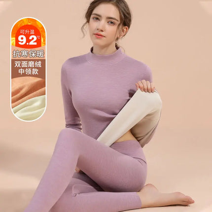 Thermal Underwear Sets for Women Mid-high Collar Winter Warmth High Stretch Base Thick Velvet Tops Trousers Seamless Lingerie