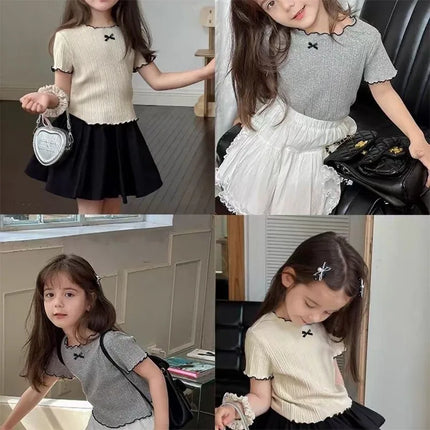 Girls' 1-12Y Korean-Style Knitted Lace-Trimmed Short-Sleeve Summer Ruched Tops: Trendy, Breathable, Bow Tie, Versatile Tee