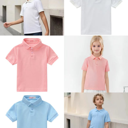 Summer boys and girls solid color short sleeved T-shirt top, children's fashion lapel short sleeved polo shirt, formal student o