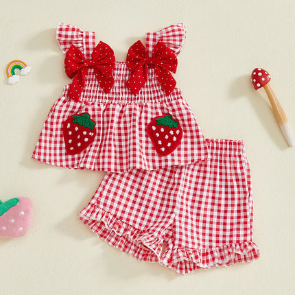 Toddler Baby Girl Summer Outfit Strawberry Embroidered Plaid Bows Ruffled Trim Tank Tops and Shorts 2 Pcs Set