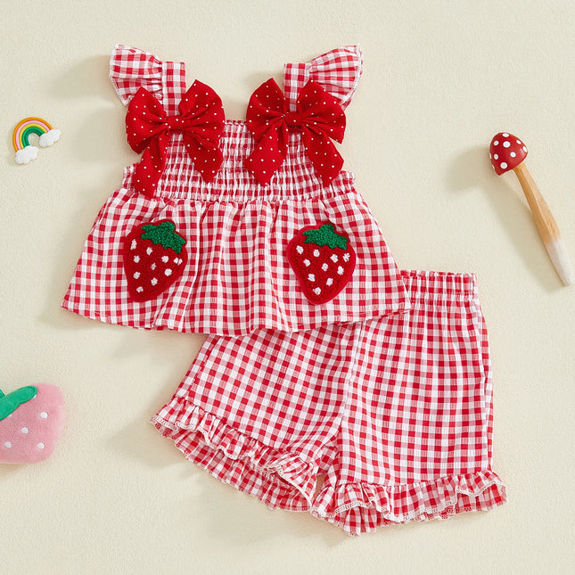 Toddler Baby Girl Summer Outfit Strawberry Embroidered Plaid Bows Ruffled Trim Tank Tops and Shorts 2 Pcs Set