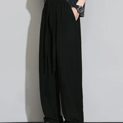 Summer New Arrival Men's Ice Silk Wide Leg Pants - Black Lightweight Breathable Quick-Dry Long Trousers (Cross-Border Exclusive)