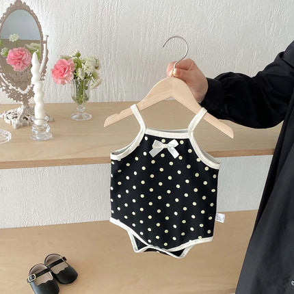 Korean-style summer baby girl polka dot bow jumpsuit, baby girl comfortable and cute sling jumpsuit, very suitable for home and