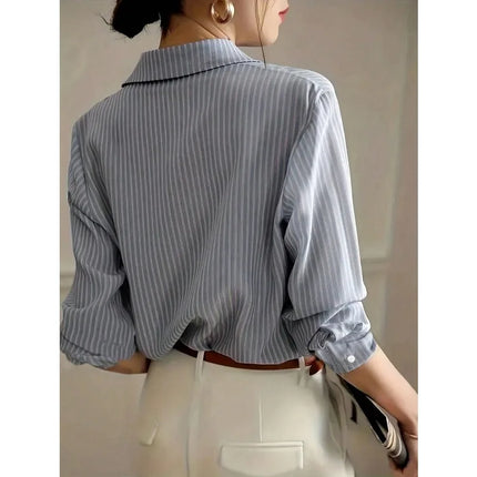 Plus Size 1XL-5XL New Women's Striped Shirt Long Sleeve Blue Shirt Autumn Gentle Chiffon Shirt Top