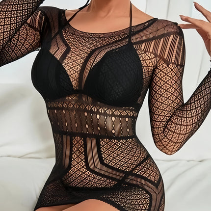One piece sexy lingerie black erotic dresses hot women mesh hollow sexy underwear Elastic tight fitting nightgown sleepwear