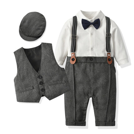 Newborn Baby Boy Formal Suit  Party Birthday Wedding Toddler Boys Outfit  Jumpsuit+Waistcoat+Beret+Bowtie+Suspender 0-3 Months