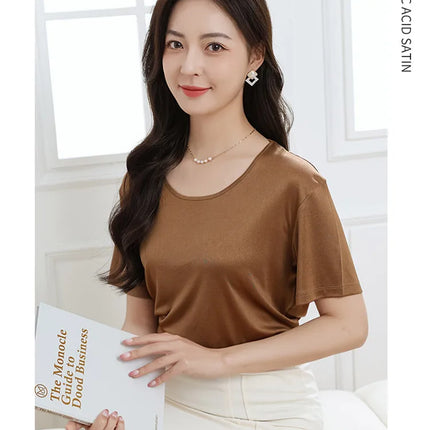 Summer High-End Women's Short Sleeve T-Shirt Acetate Fabric Knitted European Style Thin Hot Selling Top for Ladies