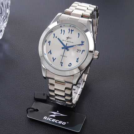 A quartz wristwatch with a stainless steel strap and personalized dial, equipped with a date display function. The simple and atmo