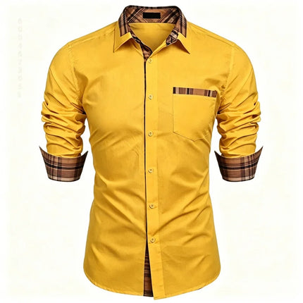 Men's shirt checkered contrasting long sleeved shirt, business casual button up shirt, personalized and trendy men's clothing