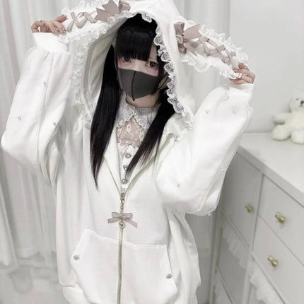 Japanese Sweet Coats Y2K Clothing Hoodie Women Tops Autumn and Winter Color Match Splicing with Thick Velvet Cardigan Jackets