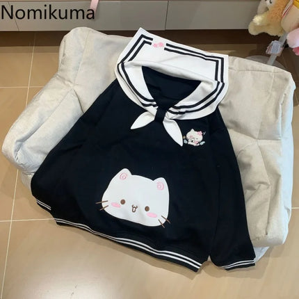 2025 Women's Clothing Japanese Sweatshirts Cute Cat Sailor Collar Loose Hoodies Cotton Thicked Fashion Casual Hoodie Ropa Mujer
