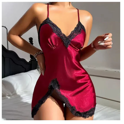 Sexy Backless Mini Nightgown Lingerie for Women Summer Chemise Sleepwear Suspender Nightdress White Satin Lace Home Wear Loungewear