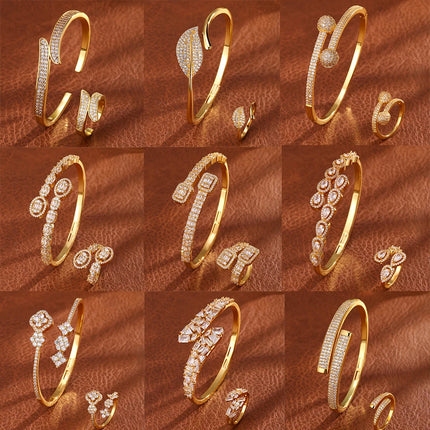 ZAKOL 9 Styles Golden Open Bracelet Ring Jewelry Set Geometric Shiny Zircon 18K Gold Plated Middle East Wedding Party Jewelry