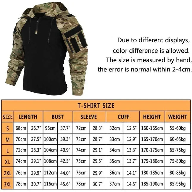 Outdoor Shirts Camo Combat T-Shirt Hooded Men's Working Tactical Shirt Airsoft Paintball Camping Hunting Wear-resisting Clothing