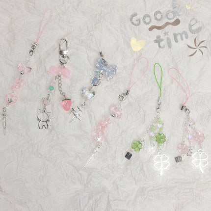 Y2K Lucky Four Leaves Clover Heart Key Ring Green Leaf Star Key Chain Cases for Phone Camera Korean Cute Beaded Couple Keychain