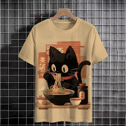 Japanese Ukiyo-E Cute Cat Pattern Round Neck Men's Short Sleeved Daily Oversized T-Shirt Harajuku Y2k T-Shirt T-Shirt Men Top