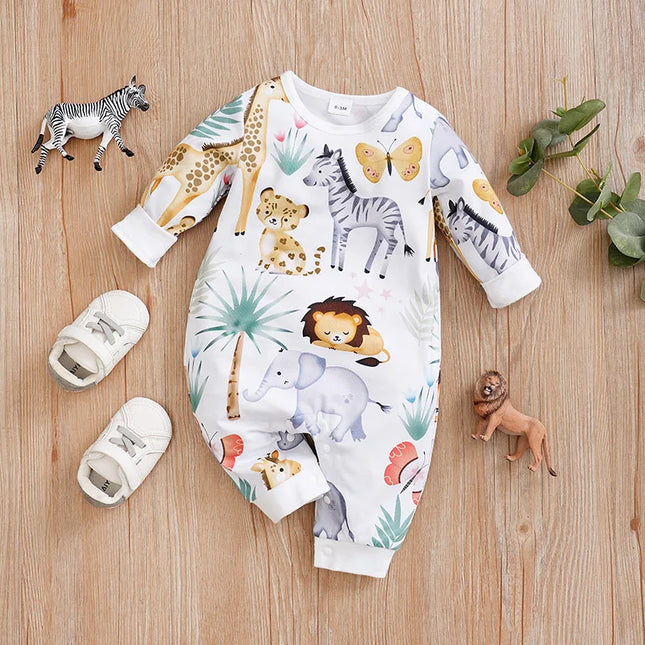 Spring And Autumn Boys And Girls Cute Cartoon Tropical Animal Aop Print Long Sleeve Baby Bodysuit
