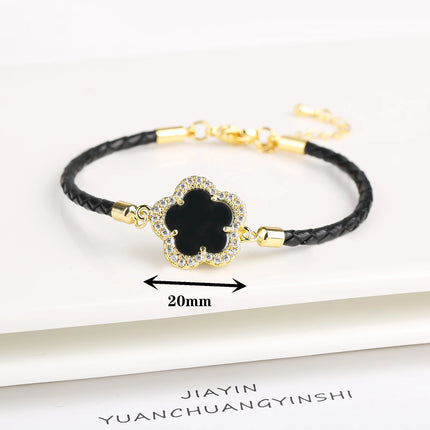 Classic Genuine Leather Woven Natural Stone Five Leaf Flower Charm Bracelet Fashion for Women Girls Party Wedding Jewelry Gift